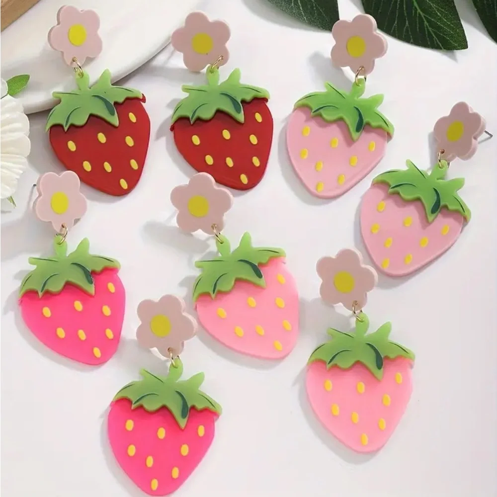 Pink Strawberry Floral Acrylic Dangle Earrings - Picture 2 of 3